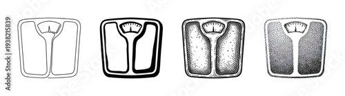 Four different styles of bathroom weighing scales, rendered in various black and white illustrative techniques, are displayed.