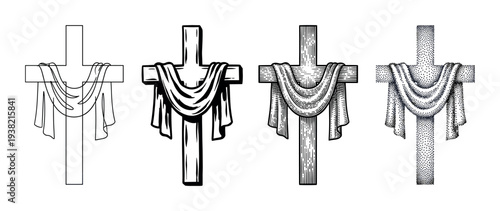 Christian cross with draped fabric vector illustrations in various artistic styles, symbolizing resurrection, hope, and spiritual themes.