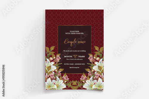 WEDDING INVITATION FRAME WITH FLOWER DECORATIONS AND FRESH LEAVES
