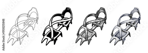 Four different styles of mountaineering crampons illustration showcasing various artistic techniques for outdoor adventure.