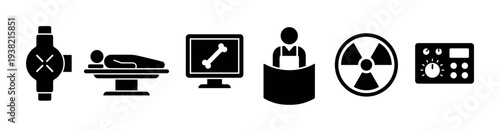 Radiology X-ray medical imaging equipment and related icons illustrating the diagnostic process and safety measures.