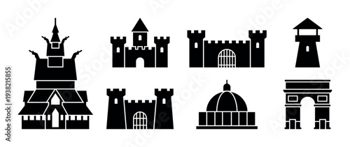 Architectural structures, buildings, landmarks, castles, and towers are depicted as black silhouette icons in a diverse collection.