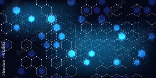 Futuristic abstract blue background featuring glowing hexagonal grid pattern and connected dots. Digital technology concept with geometric honeycomb structure