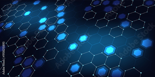 Futuristic abstract blue background featuring glowing hexagonal grid pattern and connected dots. Digital technology concept with geometric honeycomb structure