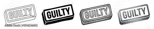 Guilty rubber stamp vector illustrations in different artistic styles representing legal judgment and responsibility.