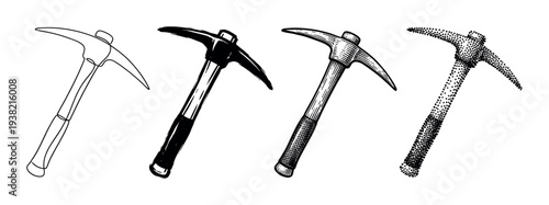 Pickaxes are depicted in four distinct hand-drawn illustrative styles, perfect for various design projects.
