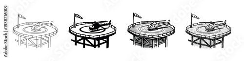 Helicopter helipad windsock icon set different styles showcasing various artistic interpretations for aviation and transport design elements.