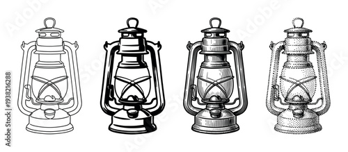 Vintage kerosene lanterns in various illustration styles showcasing classic camping and outdoor lighting equipment.