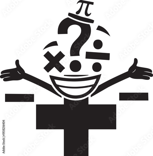 A cartoon character with a mathematical twist on a cross symbol