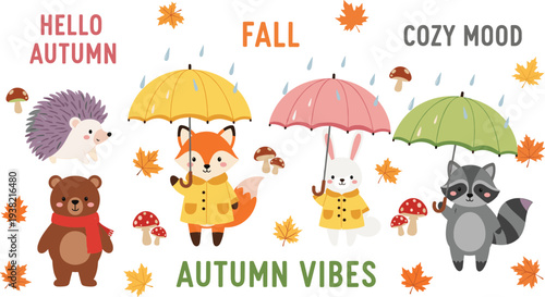 Cute Autumn Animals Set with Fox Bunny Bear Raccoon and Hedgehog with Umbrellas Fall Season Cartoon Vector Illustration