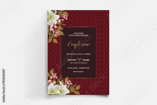 WEDDING INVITATION FRAME WITH FLOWER DECORATIONS AND FRESH LEAVES