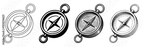 Four different compass illustrations depict various navigation tools for travel and adventure in a vintage style.
