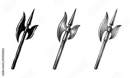 Three different stylized halberds depicted in various artistic illustration techniques including solid, hatched, and stippled styles.