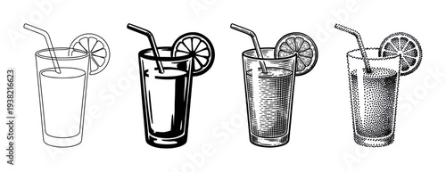 Four refreshing glasses of juice with lemon slices and straws are depicted in various black and white illustration styles.