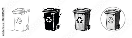 Four different styles of recycling bins with symbol depicted in various artistic techniques for eco-friendly waste disposal.
