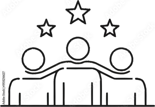 Three people with stars above them, teamwork success, leadership recognition, best employees, group achievement