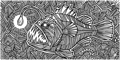 Intricate tribal anglerfish vector icon bundle featuring abstract geometric lines deep ocean monster graphic art for creative coloring book projects