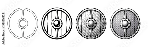 Four round wooden Viking shields displayed in various artistic styles, showcasing different levels of detail from simple outline to intricate engraving.