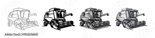 Combine harvester agricultural machine vector illustration set showcasing various artistic styles for farming and harvest concepts.