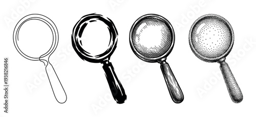 Four magnifying glasses in various hand-drawn illustration styles showcasing different artistic techniques for search and discovery concepts.
