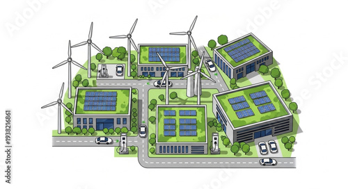 Sustainable city buildings with solar panels and wind turbines.