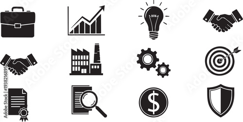 Business and finance icons set including briefcase graph lightbulb handshake factory gears target documents magnifying glass money and shield