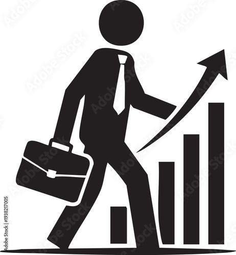 Businessman walking towards success with growing graph and briefcase