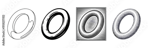 Four stylized torus shapes rendered in various artistic styles showcasing different illustrative techniques and textures.