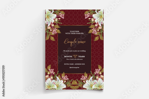 WEDDING INVITATION FRAME WITH FLOWER DECORATIONS AND FRESH LEAVES