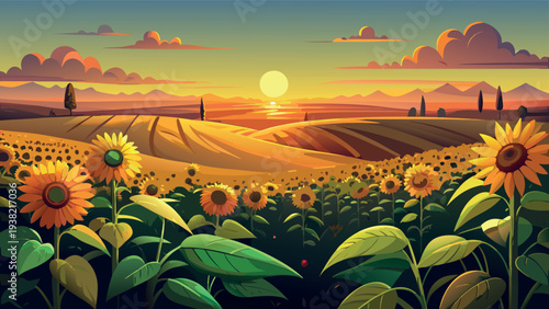Sunflowers field in a rolling countryside landscape at sunset, vibrant vector illustration of a scenic rural horizon