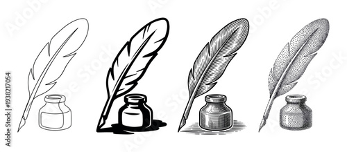 Quill pens and inkwells in various artistic styles depicting historical writing tools for creative and educational concepts.
