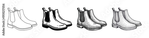 Four different styles of Chelsea boots illustration set showcasing various black and white artistic rendering techniques.