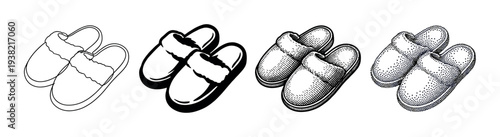 Four pairs of comfortable slippers rendered in various black and white artistic styles for cozy home footwear.