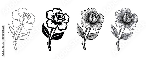 Four distinct rose flower illustrations showcasing various artistic drawing styles and techniques on a clean graphic design.