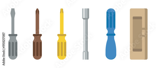 Collection of various hand tools including screwdrivers, a socket extension, and a level in a flat design.