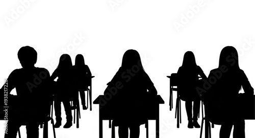 Silhouetted Students Sitting at Desks.
