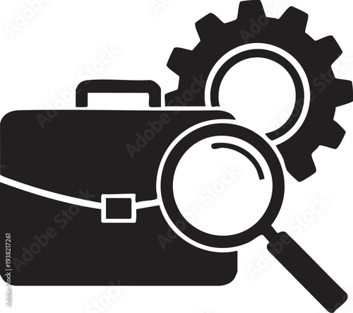 Business investigation and analysis concept with briefcase gear and magnifying glass