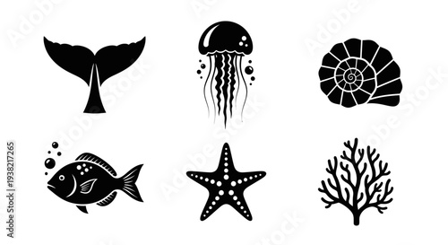 Sea creatures silhouette collection featuring whale tail jellyfish seashell fish starfish and coral underwater life elements isolated on white