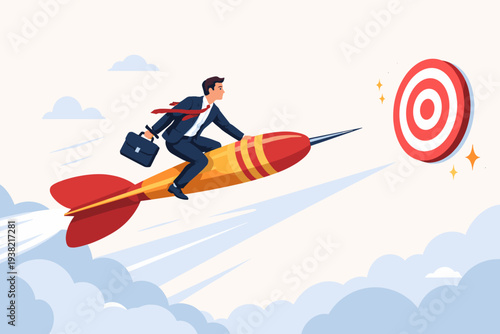 Businessman Riding a Dart Rocket Towards a Bullseye Target in the Sky, Symbolizing Business Goal Achievement, Ambition, Determination, Strategy, and Rapid Success in Corporate Career Growth.