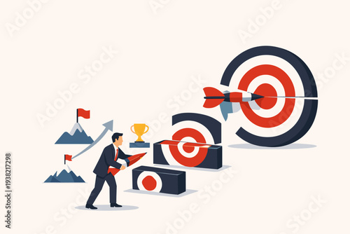 Businessman Breaking Down Large Target into Small Achievable Steps for Success Strategy. Focus on Short Medium and Long Term Objectives with Dart, Trophy, and Mountain Milestones Vector Graphic.