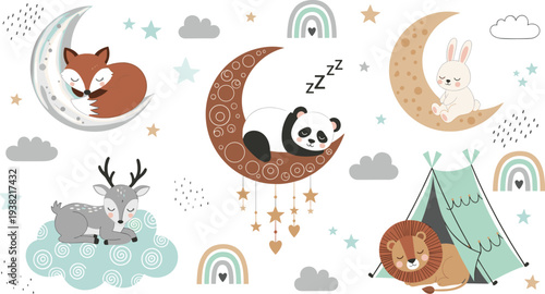 Cute Sleeping Animals on Moon Set with Fox Panda Bunny Deer and Lion Dreamy Nursery Cartoon Vector Illustration