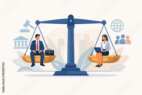 Gender Equality and Workplace Fairness Concept with a Businessman and Businesswoman Balanced on Scales of Justice, Representing Law, Diversity, Inclusion, and Corporate Social Responsibility.