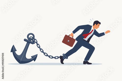 Businessman in a Suit Struggling to Run Forward While Being Held Back by a Heavy Anchor and Chain Attached to His Leg, Concept of Career Burden, Financial Debt, Corporate Obstacles, and Stress