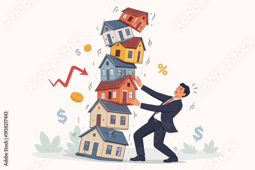Businessman Struggling to Balance Unstable Stack of Houses, Representing Real Estate Market Risk, Mortgage Debt Crisis, Interest Rate Fluctuations, Housing Bubble, and Financial Instability.