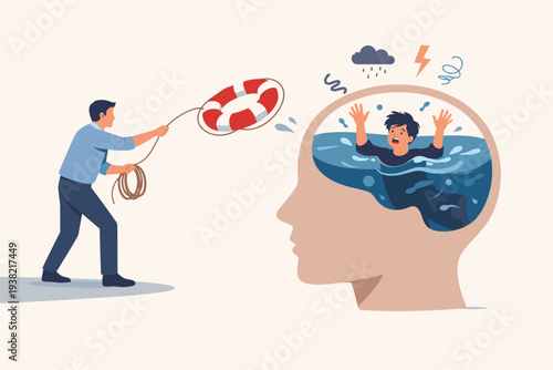Mental Health Support and Psychological Therapy Concept with Man Throwing Lifebuoy to Rescue a Person Drowning Inside a Human Head Silhouette Representing Depression, Anxiety, and Emotional Stress.