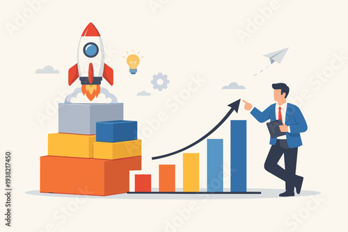 Lean Startup Concept with Businessman Pointing at Growing Bar Chart and Rocket Launching from Boxes Representing Agile Methodology for Fast Product Delivery and Business Success Illustration