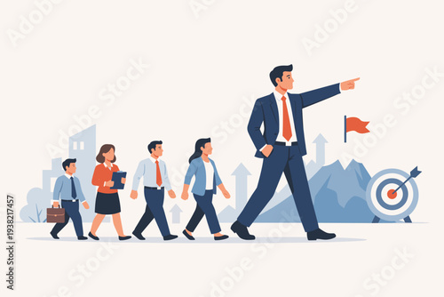 Professional Business Leader Guiding a Team of Diverse Employees Towards Success and Achievement, Featuring a Manager Pointing the Way to a Mountain Goal and Target in a Flat Vector Style.