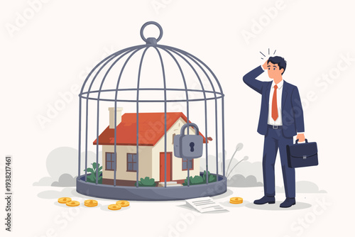 Worried Businessman Looking at a House Locked in a Birdcage with a Padlock, Representing Mortgage Debt, Financial Crisis, Foreclosure, and Real Estate Market Problems in Flat Vector Illustration