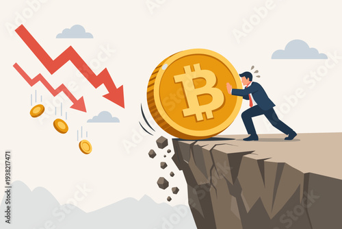 Businessman Pushing Large Bitcoin Coin to Prevent it from Falling Off Cliff with Red Downward Arrows Representing Cryptocurrency Market Crash, Price Fluctuation, Risk, and Bearish Volatility