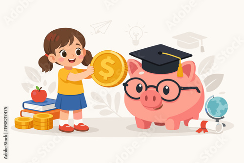 Cute Girl Saving Money for Education in Piggy Bank with Graduation Cap, Concept of School Fund, College Tuition Planning, Scholarship, Academic Investment, and Financial Literacy for Children.